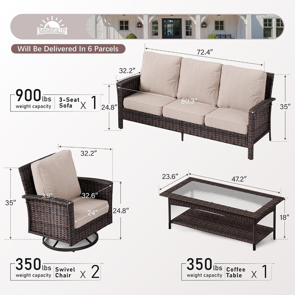 SUNSHINE VALLEY 4 Pieces Patio Furniture Set with Swivel Chairs, High Back Wicker Rattan Sofa with Extra Thick Cushion and Coffee Table, Outdoor Conversation Set for Garden Backyard Deck,Beige