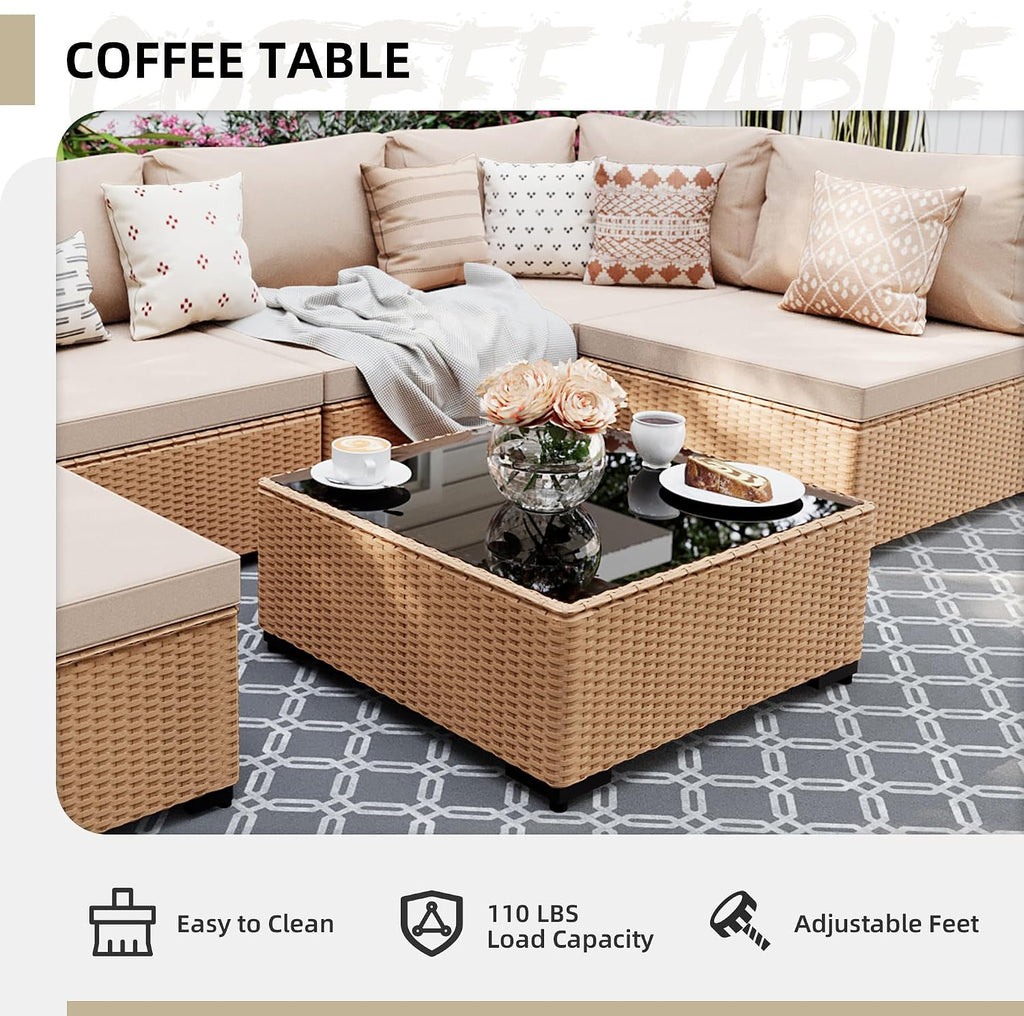 UPHA 9 Pieces Patio Furniture Sets, Wicker Outdoor Sectional Sofa Couch with Round Propane Pit for Deck Backyard Garden, Beige Rattan, Beige Cushion