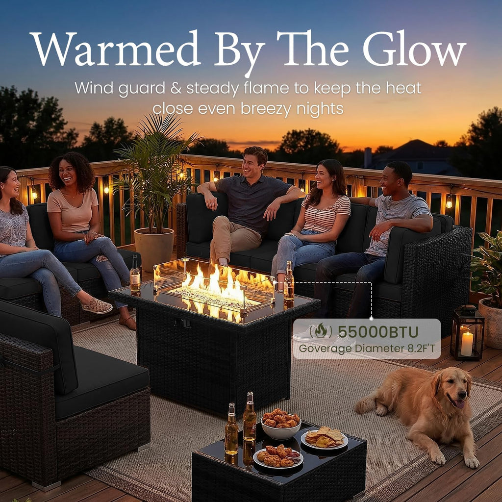 LayinSun 15 Piece Patio Furniture Set with Fire Pit Table, Outdoor Conversation Sets Wicker Rattan Sectional Sofa with Coffee Table