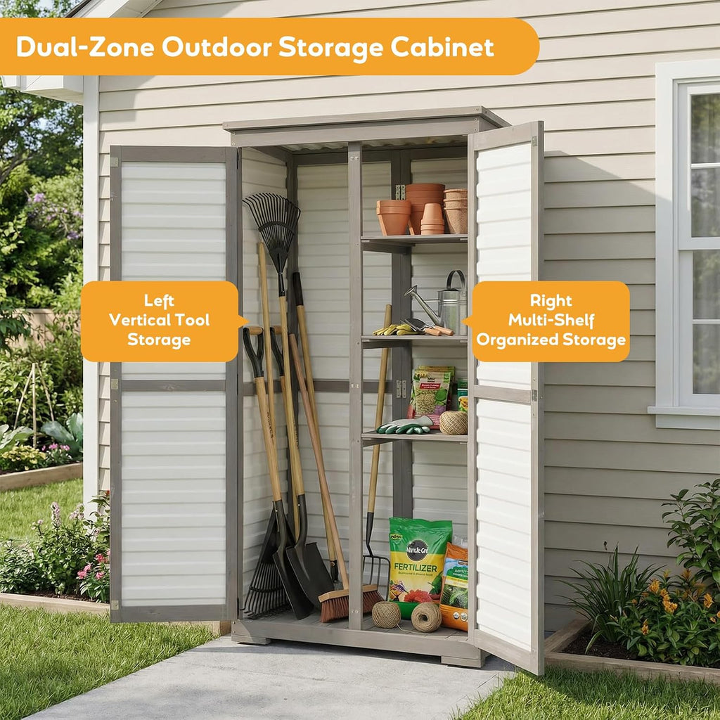Outdoor Storage Cabinet with Shelves, Lockable Garden Shed, Wood & Plastic Weatherproof Outside Tool Cabinet for Patio, Backyard, Balcony White