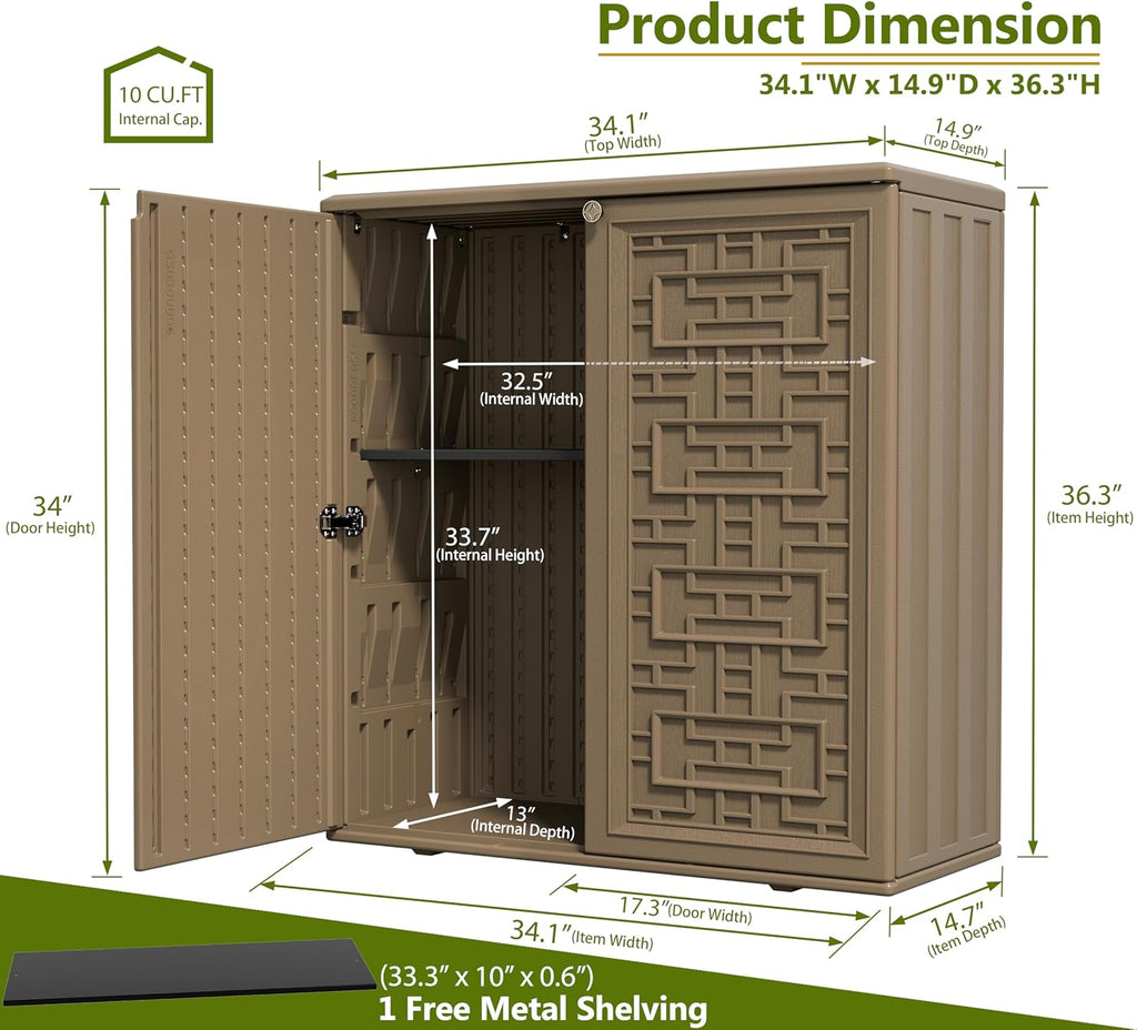 ZZM HDPE Outdoor Storage Shed, Outdoor Plastic Storage Cabinet, Horizontal Resin Tool Shed for Garden, All Weather Outdoor Storage Clearance, DIY Usage, with one Shelf (Coffee)