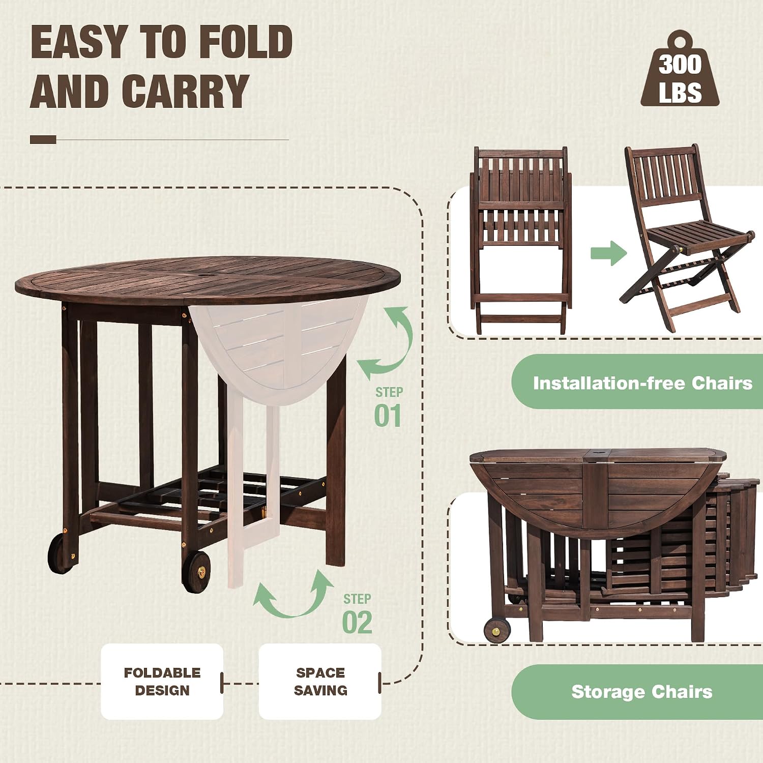Devoko 5 PCS Patio Furniture, Patio Dining Set Acacia Wood Outdoor Table and Chairs, with 4 Folding Chairs and 37' Round Movable Table, Outdoor Dining Set for Lawn, Balcony, Garden (Deep Brown)