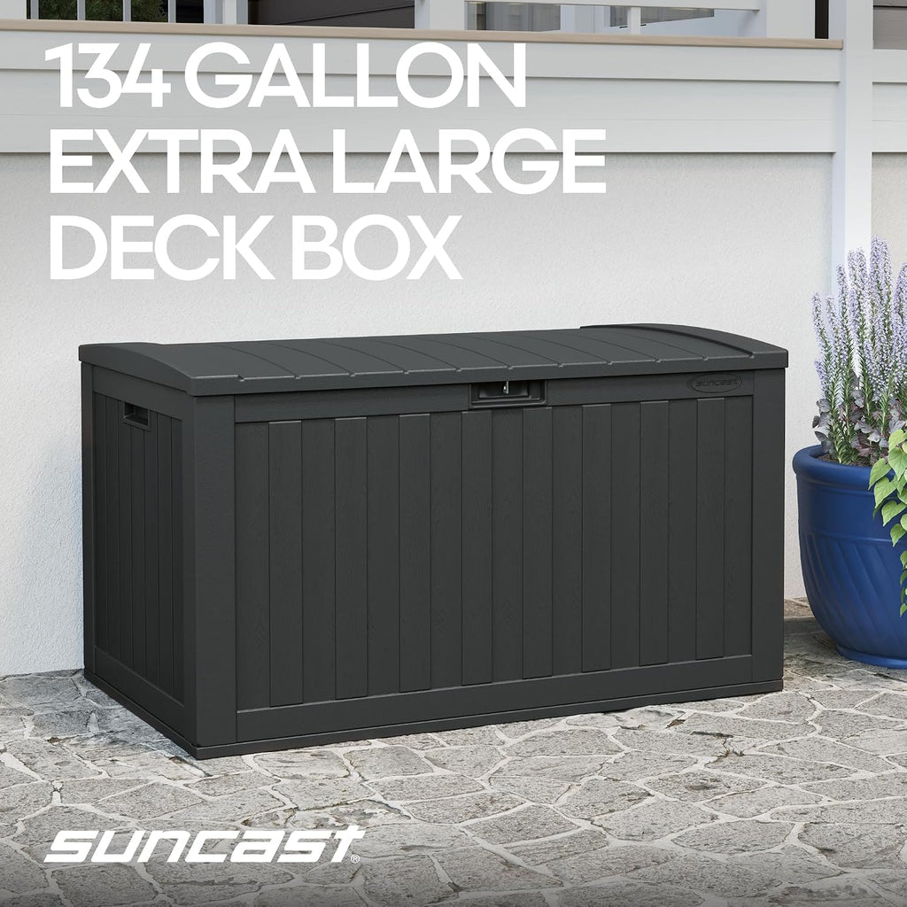 Suncast 134-Gal. Resin Extra-Large Outdoor Patio Deck Box with Pad-Lockable Lid, Modern Outdoor Patio Bench/Storage Box for Cushions, Garden Tools, and More, Iron Ore