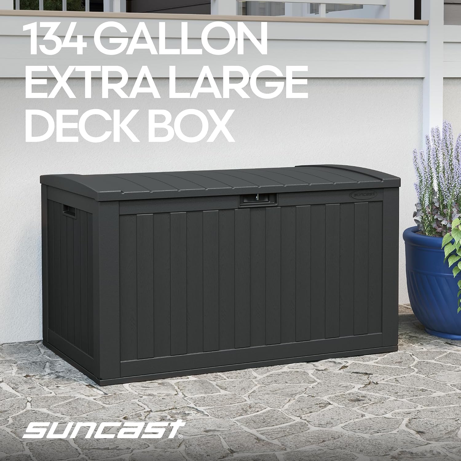 Suncast 134-Gal. Resin Extra-Large Outdoor Patio Deck Box with Pad-Lockable Lid, Modern Outdoor Patio Bench/Storage Box for Cushions, Garden Tools, and More, Iron Ore