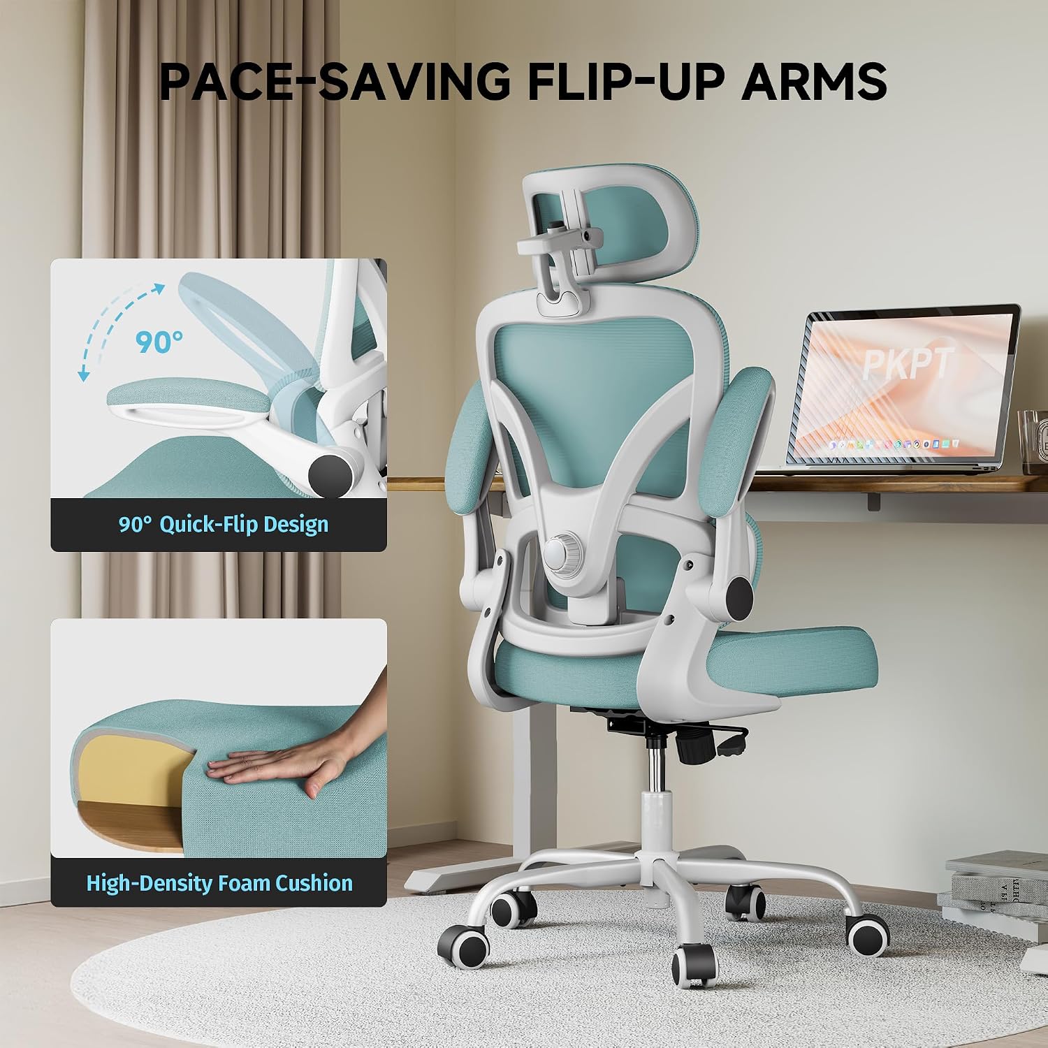 Ergonomic Office Chair, 330LBS Desk Chair with 3-Level Lumbar Support & Headrest, Breathable Mesh Backrest, Flip-Up Armrests for Home Office and Gaming, Blue
