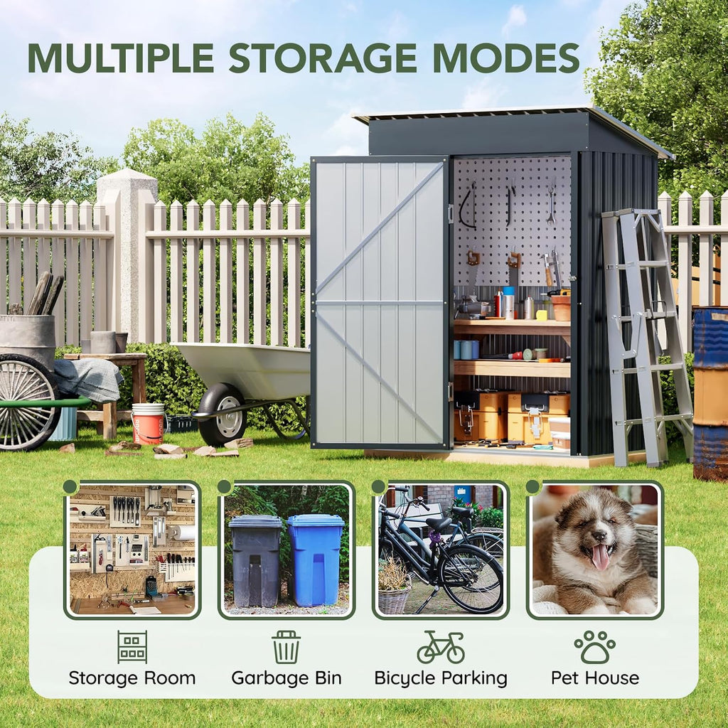 3x5 FT Outdoor Metal Storage Shed with Floor Frame, Single Door, 1 Clear Window, Tool Shed for Garden, Patio, Backyard