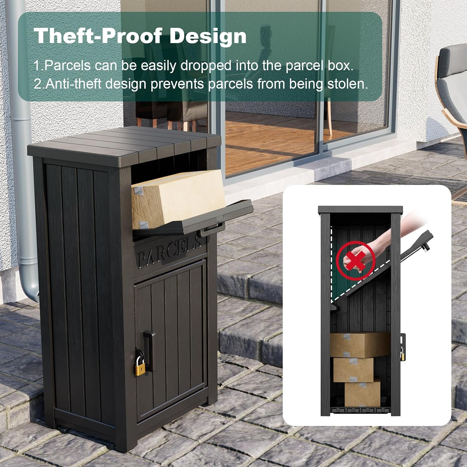 Package Delivery Box for Outside, Large Parcel Drop Box with Lockable Secure, Waterproof and Anti-Theft Storage for Porch, Curbside, House (Black)