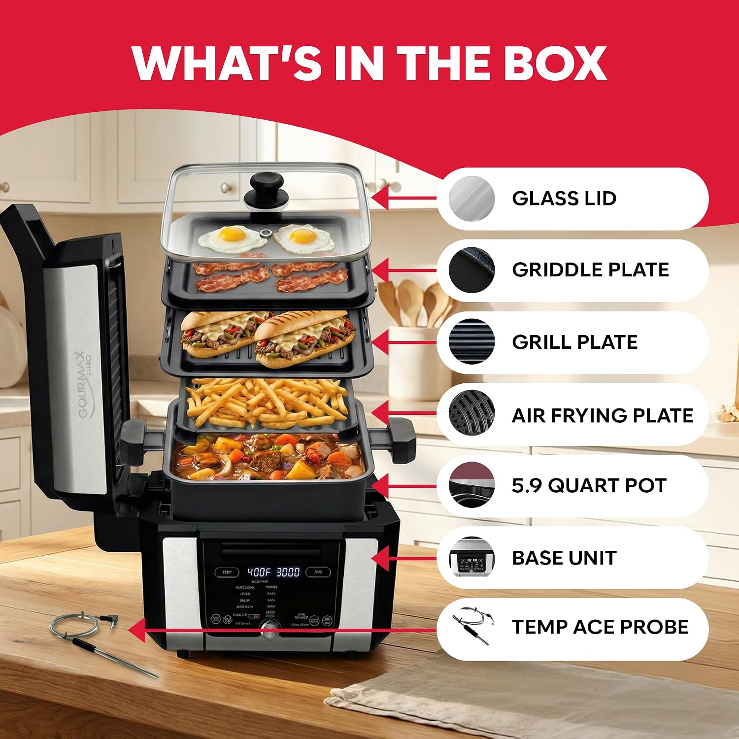 Foodgenie Gourmax Pro One Cooking Device - All-in-One Oven, Smokeless Grill, Air Fryer, Griddle, Cooker & More – 16 Preset Functions, Smart Temperature Control, Dual Surface, Dishwasher Safe, 1500W