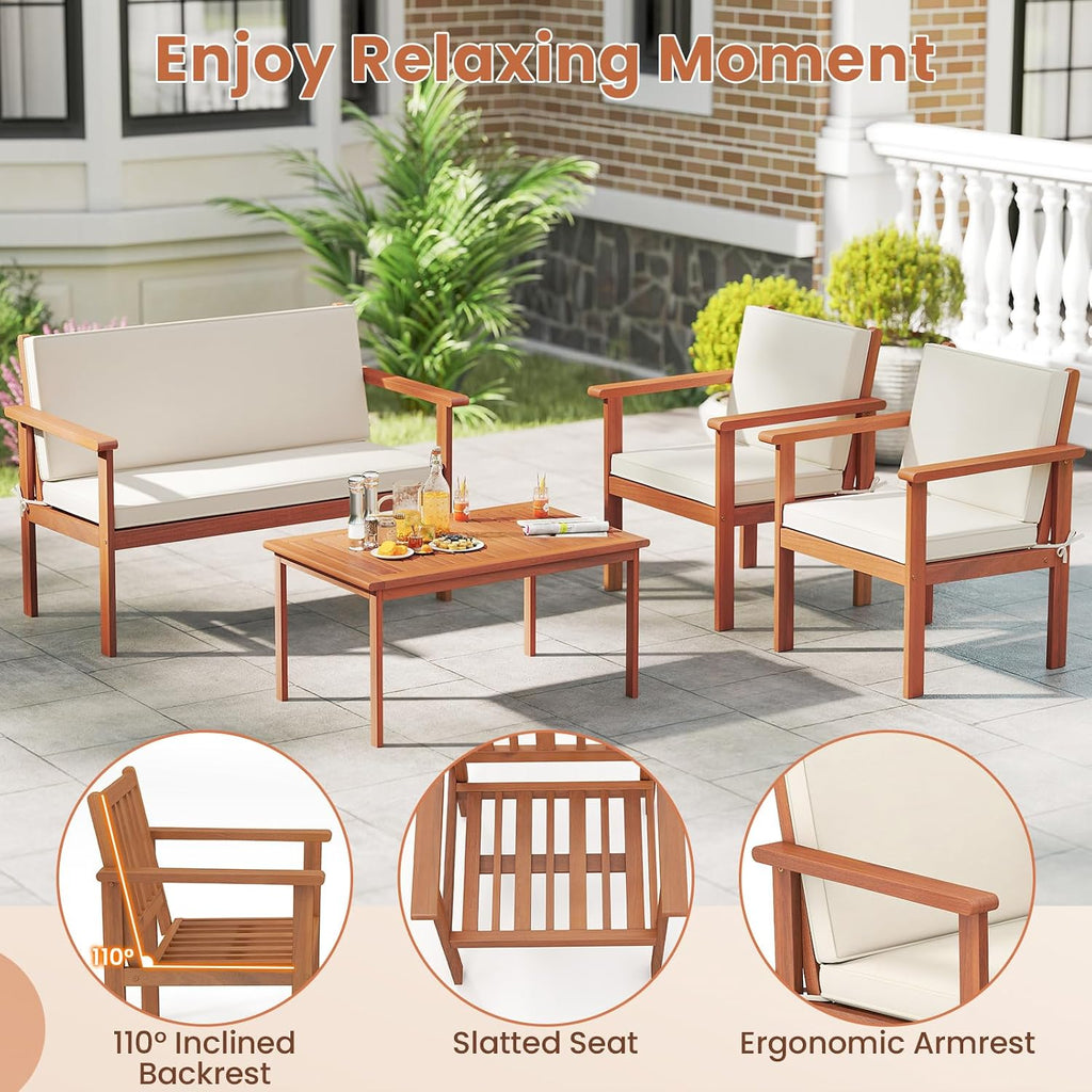 Tangkula 4 Pieces Acacia Wood Patio Conversation Set, Outdoor Wooden Cushioned Chairs & Slatted Coffee Table Set,for Backyard, Porch, Balcony, Poolside and Lawn (Off White,1)
