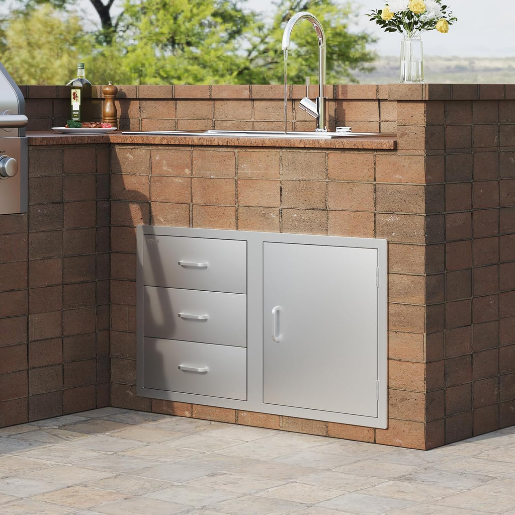 VEVOR BBQ Island Drawers 38.1W x 22.6H x 20.8D, Outdoor Kitchen Door Drawer Combo Cabinets, BBQ Access Door/Triple Drawers Combo, Stainless Steel Handles, Perfect for BBQ Island Patio Grill Station