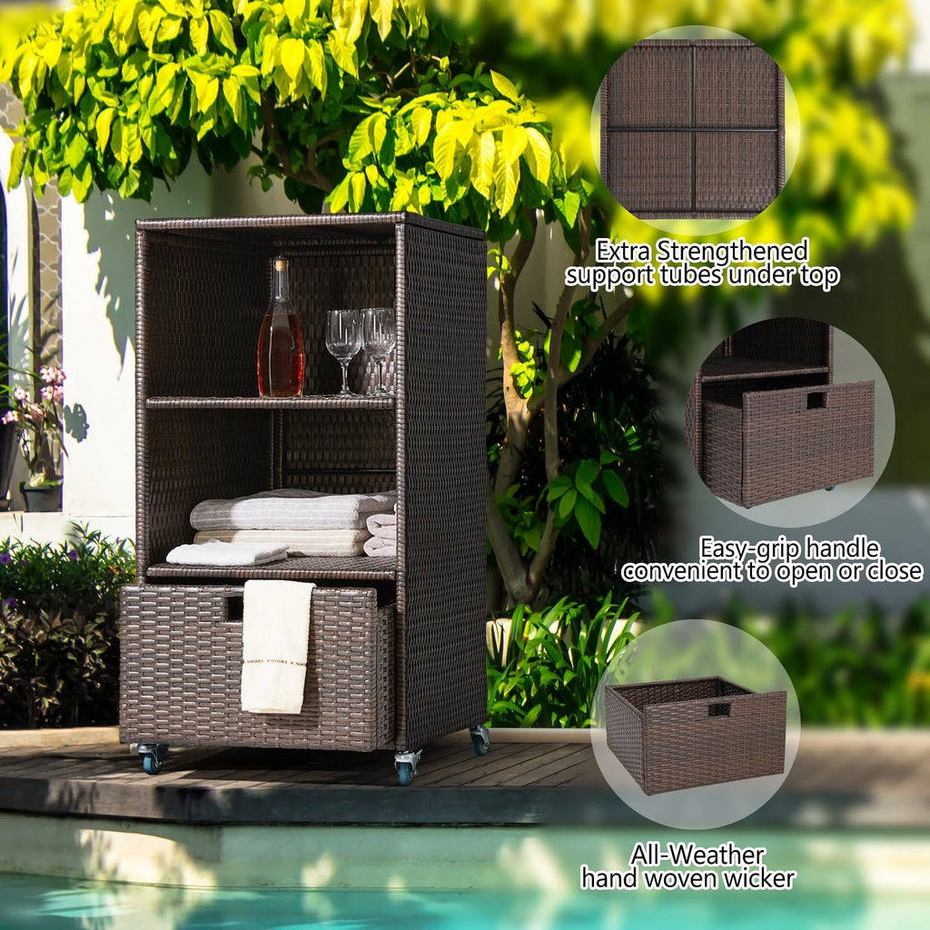 Outdoor Pool Towel Storage Cabinet Organizer Towel Valet Rack with Storage Shelves & Drawer Patio Wicker Pool Towel Holder with Rolling Wheels Poolside Caddy w/Cover for Hot Tub Spa Brown
