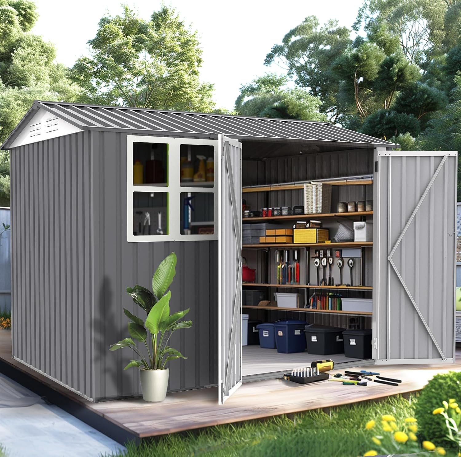 Ball & Cast 6x8 FT Storage Shed, Garden Metal Shed with Window and Sloping Roof,Outdoor Shed with Double Lockable Doors for Backyard Patio Lawn, Grey