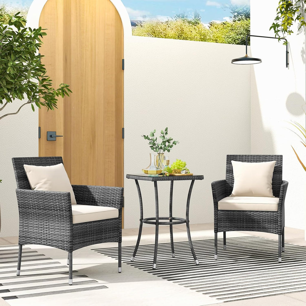 RELAX4LIFE 3-Piece Patio Furniture Set - Rattan Wicker Outdoor Furniture w/Cushions & Tempered Glass Coffee Table, Small Conversation Bistro Table and Chairs Set of 2 for Garden Porch Balcony (Beige)
