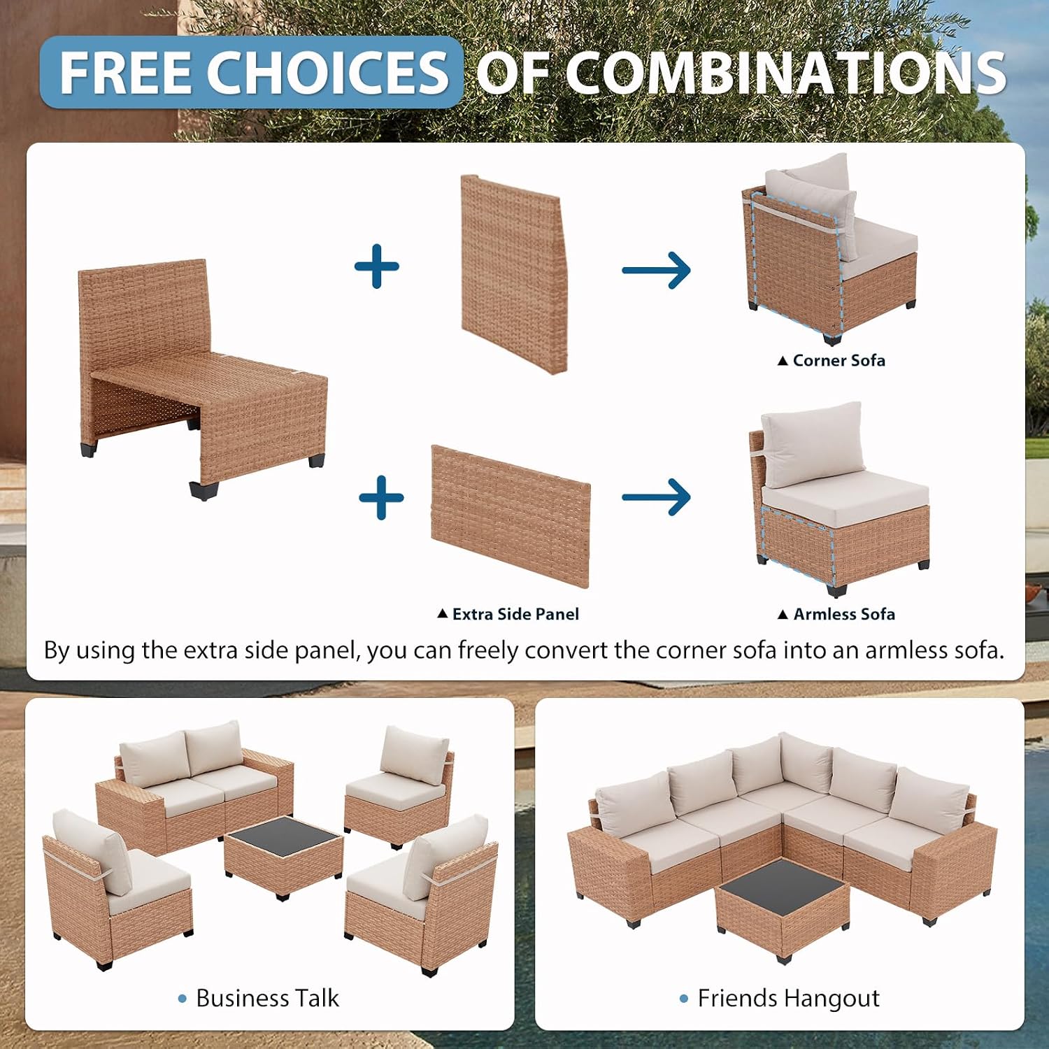 JOIVI 6-Piece Outdoor Sectional Patio Furniture Set, All-Weather Wicker Conversation Sectional with 8' Wide Armrests & 4' Cushions, Modular L-Shaped Sofa for Backyard, Garden & Porch, Beige