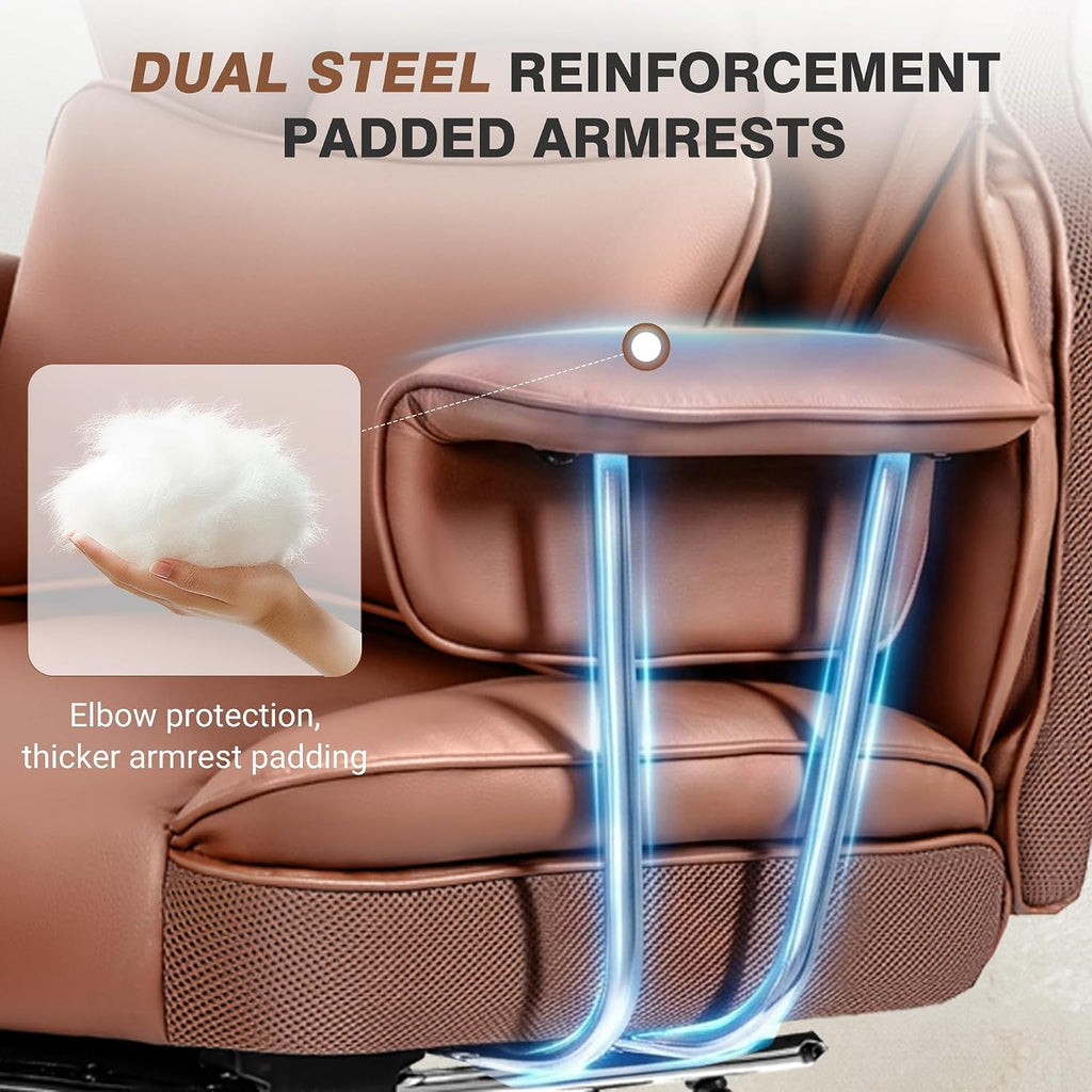 ALLGOD Office Chair Comfy, Big and Tall Executive Leather Chair, High Back Ergonomic Wide Chair with Footrest, Reclining Computer Desk Chair, Heavy Duty Gaming Chair with Padded Arm and Pillow, Brown