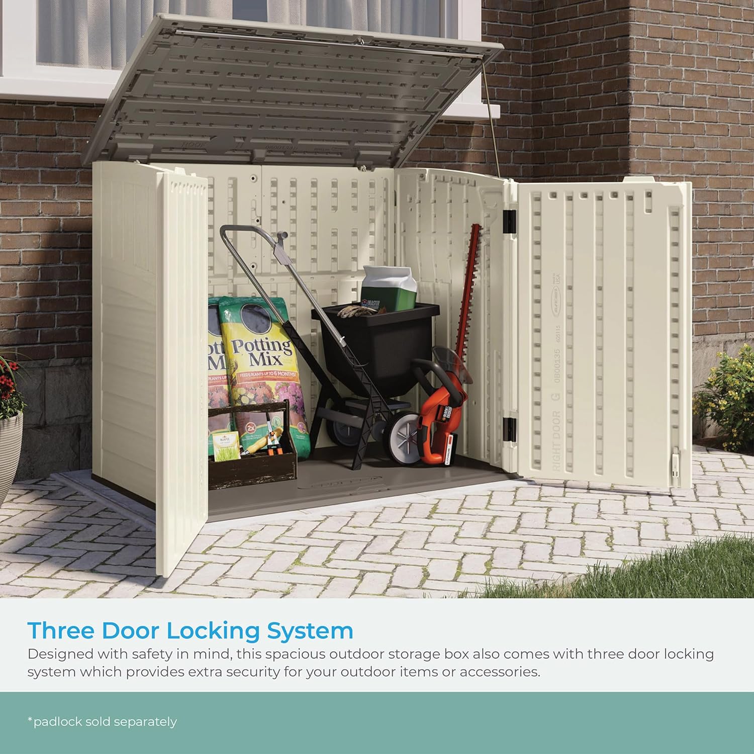 Suncast 4 Pack 34 Cu Ft Capacity Horizontal Outdoor Storage Shed for Garbage Cans, Garden Accessories, Backyard, and Patio Use, Vanilla