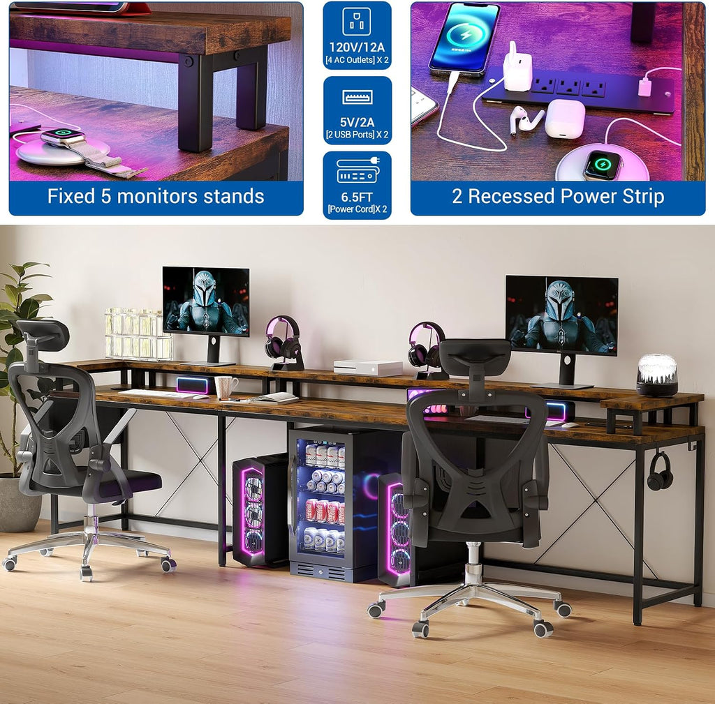 Garvee 79 Inch u Shaped Computer Desk,Large Gaming Desk with Power Outlets & LED Lights,Reversible l Shaped Desk for Home Office Work and Gaming,Rustic Brown