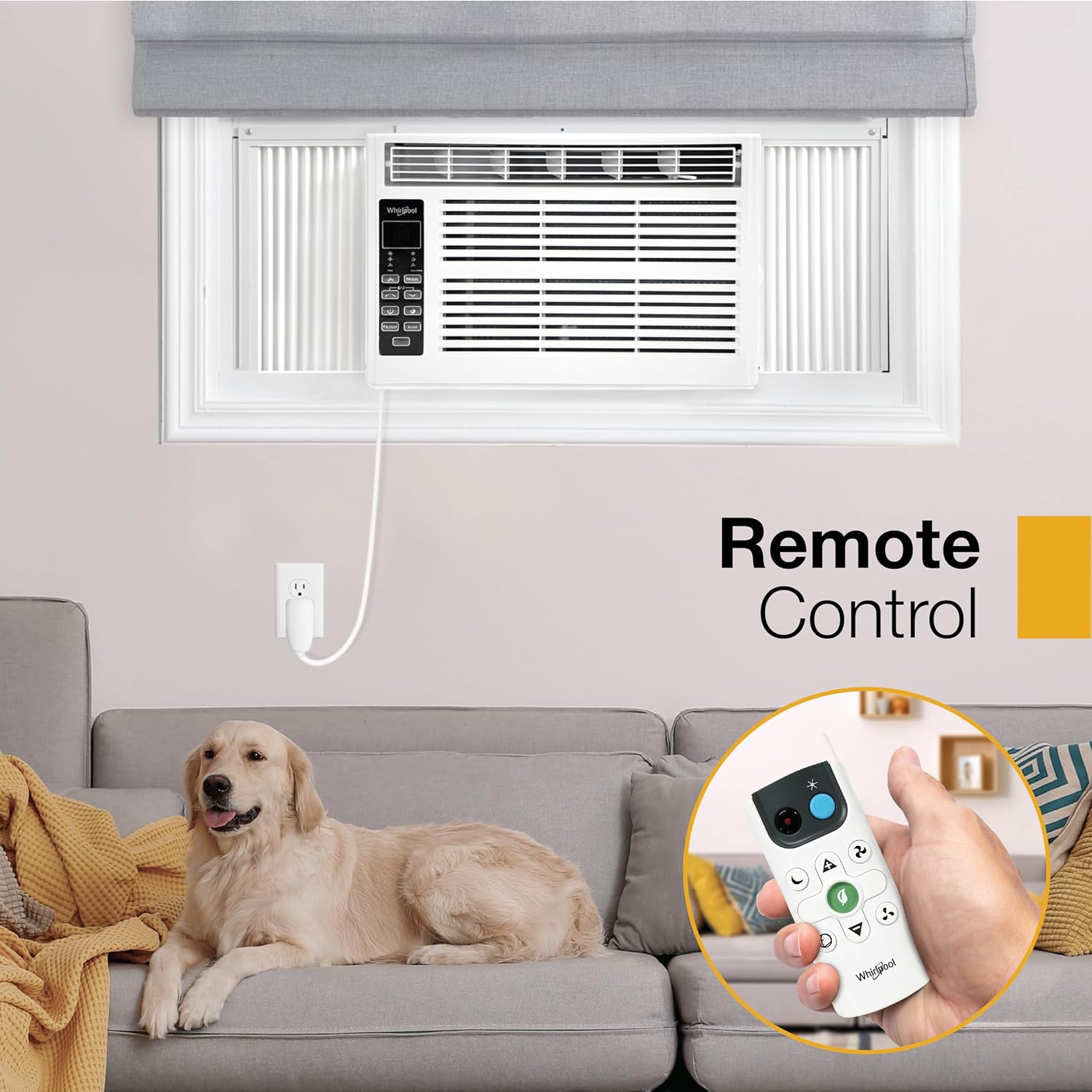 Whirlpool 6,000 BTU Window Air Conditioner with Dehumidifier, 115V, Window AC for Rooms up to 250 Sq. Ft., Living Room, Bedroom, or Kitchen, with Remote Control, Digital Display, and 24H-Timer, White