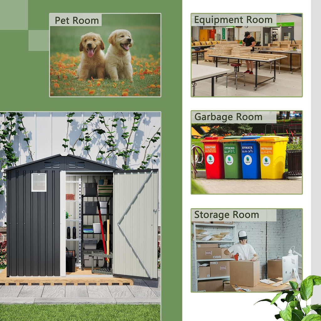 6x4 FT Outdoor Storage Shed with Windows Metal Garden Sheds with Lockable Doors Waterproof Galvanized Small Tool Storage Steel Sheds with Air Vents Sloping Roof Ideal for Backyard Patio Lawn Gray