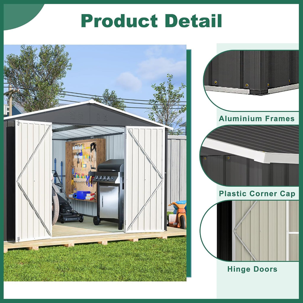 Ball & Cast 10×12 FT Outdoor Storage Shed,Metal Waterproof Tool Sheds with Lock and Key,Heavy-Duty Sheds Unit W/Doors and Vents,Galvanized Steel Garden House for Storing Bicycles,Barbeques,Black