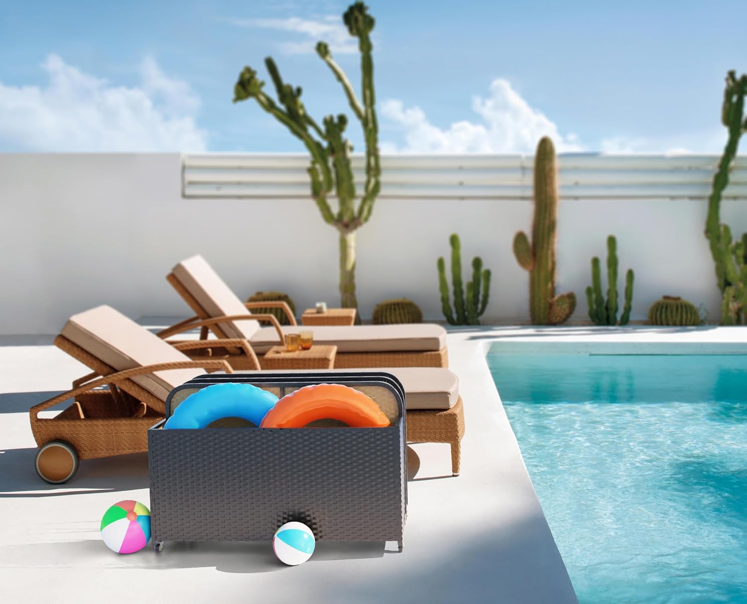 EUNHOO Rolling Poolside Float Storage, Pool Storage Bin, Outdoor Storage Organizer PE Rattan Pool Towel Rack for Floaties, Pool Accessories and Patio furniture Black