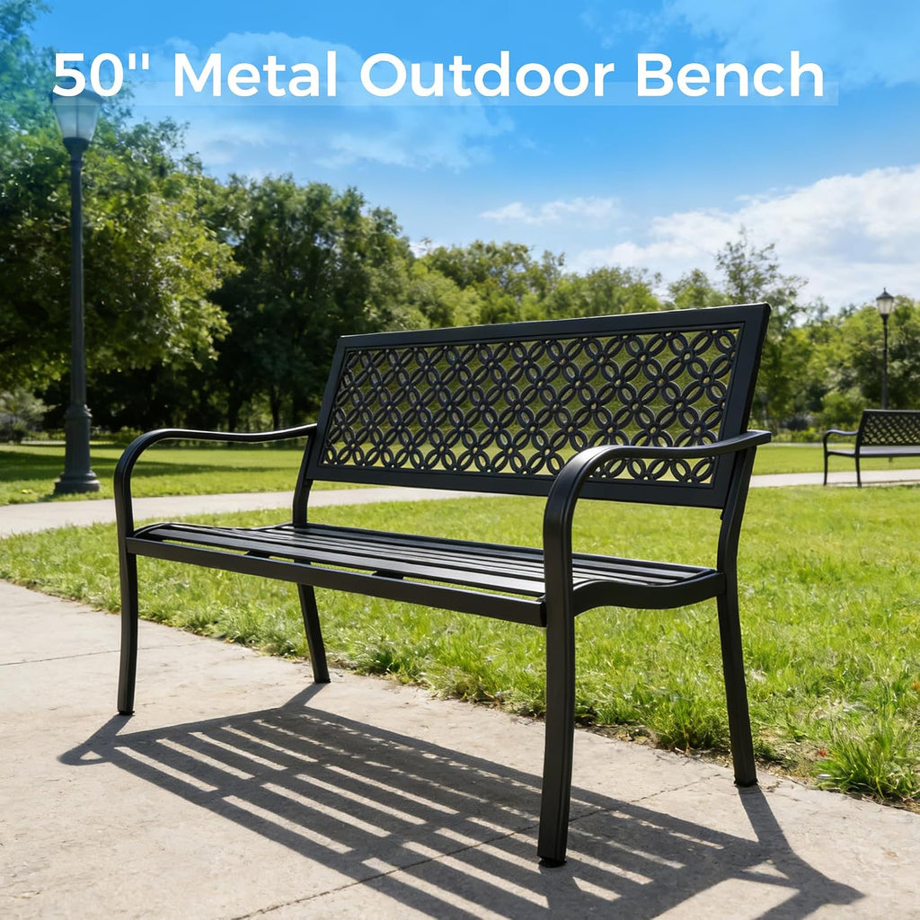 Grand patio 50' Outdoor Bench, Garden Benches with Anti-Rust Metal Powder Coated Frame, Patio Bench for Front Porch Park Outside Furniture Decor, Black