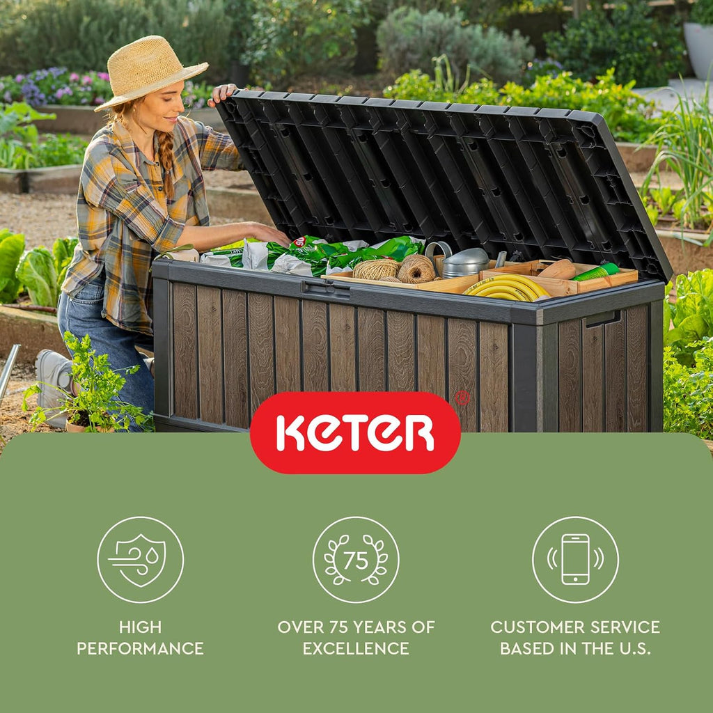 Keter Signature Collection 92 Gallon Resin Deck Box Organization and Storage Box for Patio Outdoor Cushions, Throw Pillows, Garden Tools and Pool Supplies, Walnut