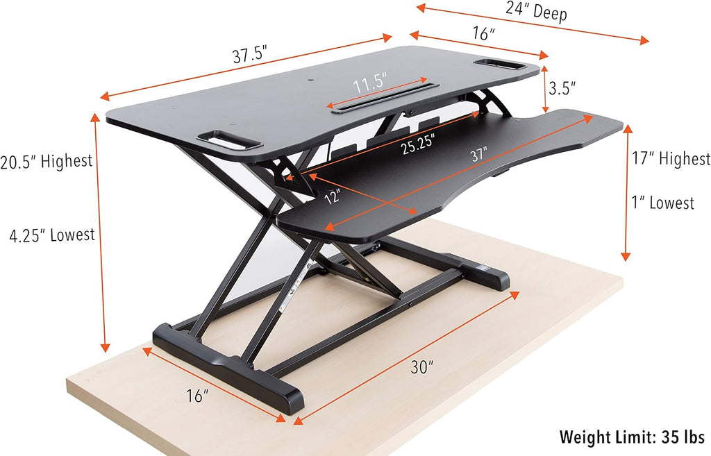 Flexpro Hero 37 Inch Standing Desk Converter, for Office and Home, Height Adjustable, 2 Level Sit to Stand Workspace with Keyboard Shelf & Monitor Riser, Sit or Stand (Black, 37 x 18 x 4.5 to 20)