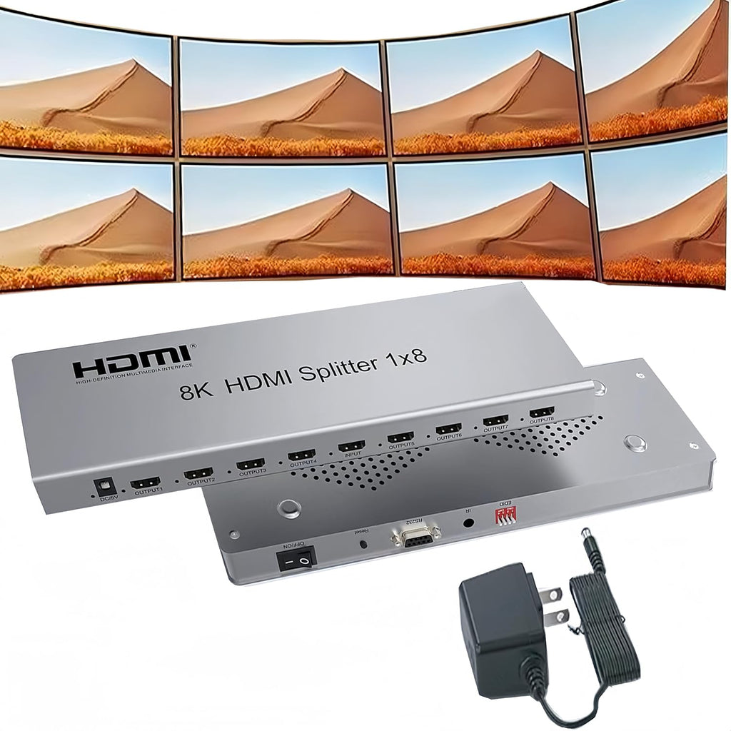SGRAPID HDMI Splitter 1×8 8K HDMI2.1 Splitter 1 in 8 Out Distributor Affordable Multi-Monitor 8K@60Hz Full Ultra-HD with EDID RS232 Supports HDR HDPC2.2 3D Imaging 48Gbps Cascade DLP LCD HDTV DVD etc