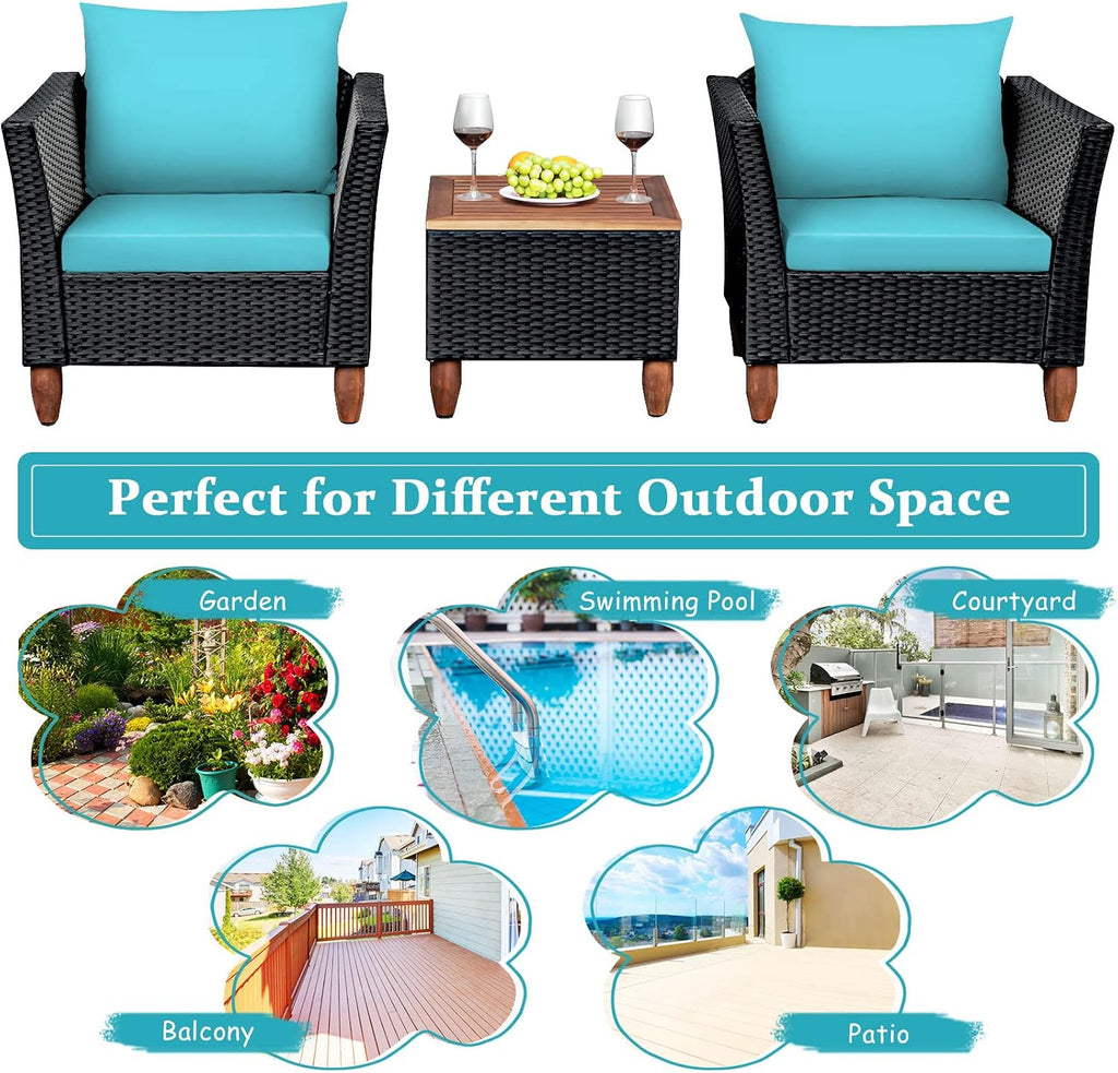 COSTWAY 3 Pieces Patio Rattan Furniture Set, Outdoor Wicker Conversation Chairs Set with Acacia Wood Coffee Table & Washable Cushion, Porch Furniture Bistro Set for Balcony, Garden Backyard, Turquoise