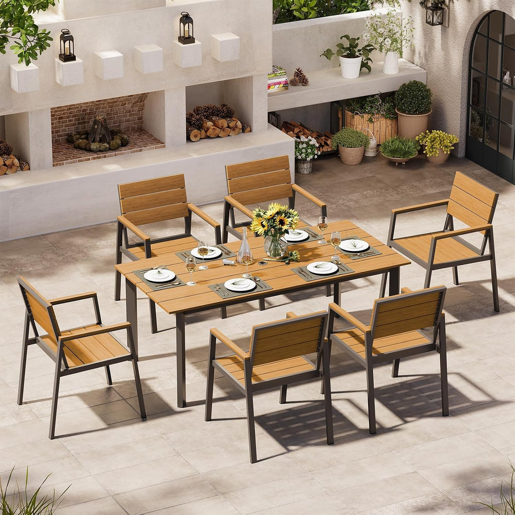 67' Rectangle HDPS Patio Dining Table, Aluminum Outdoor Patio Dining Table with Umbrella Hole, Weather-Resistant for Lawn, Garden, Yard, Poolside and Indoor Use (Gray & Teak)
