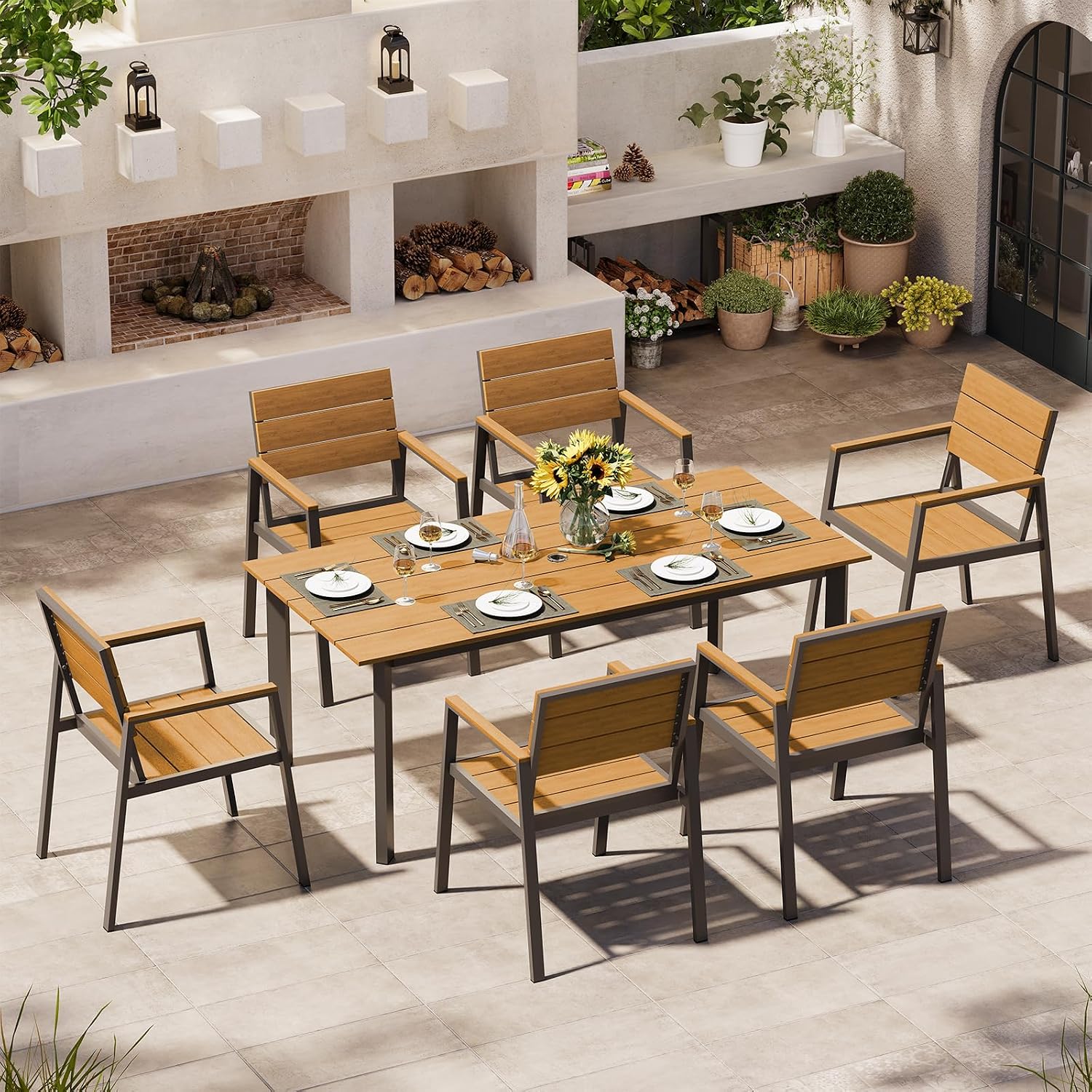 67' Rectangle HDPS Patio Dining Table, Aluminum Outdoor Patio Dining Table with Umbrella Hole, Weather-Resistant for Lawn, Garden, Yard, Poolside and Indoor Use (Gray & Teak)