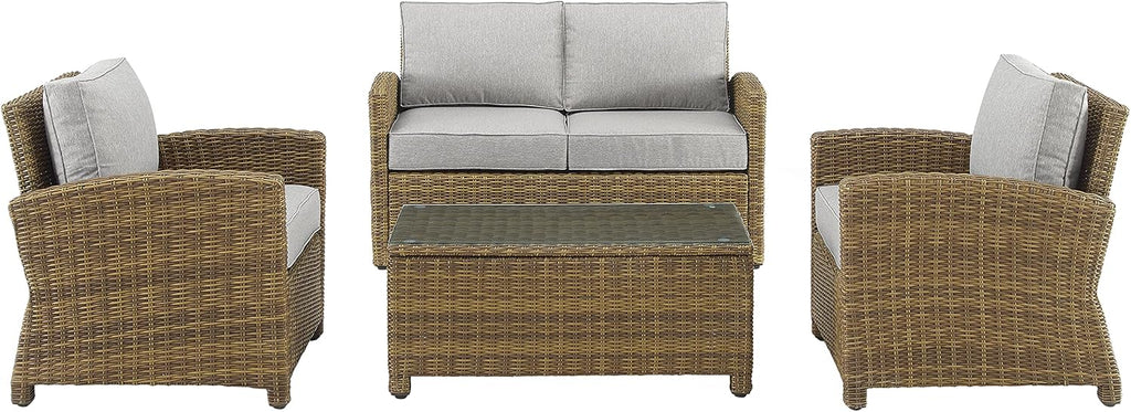 Crosley Furniture Bradenton 4-Piece Outdoor Loveseat Patio Furniture Set, Wicker Conversation Sets for Porch, Brown with Gray Cushions