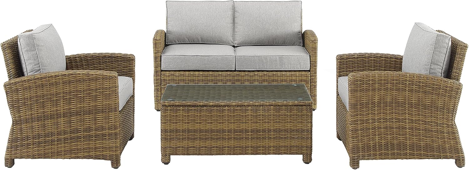 Crosley Furniture Bradenton 4-Piece Outdoor Loveseat Patio Furniture Set, Wicker Conversation Sets for Porch, Brown with Gray Cushions