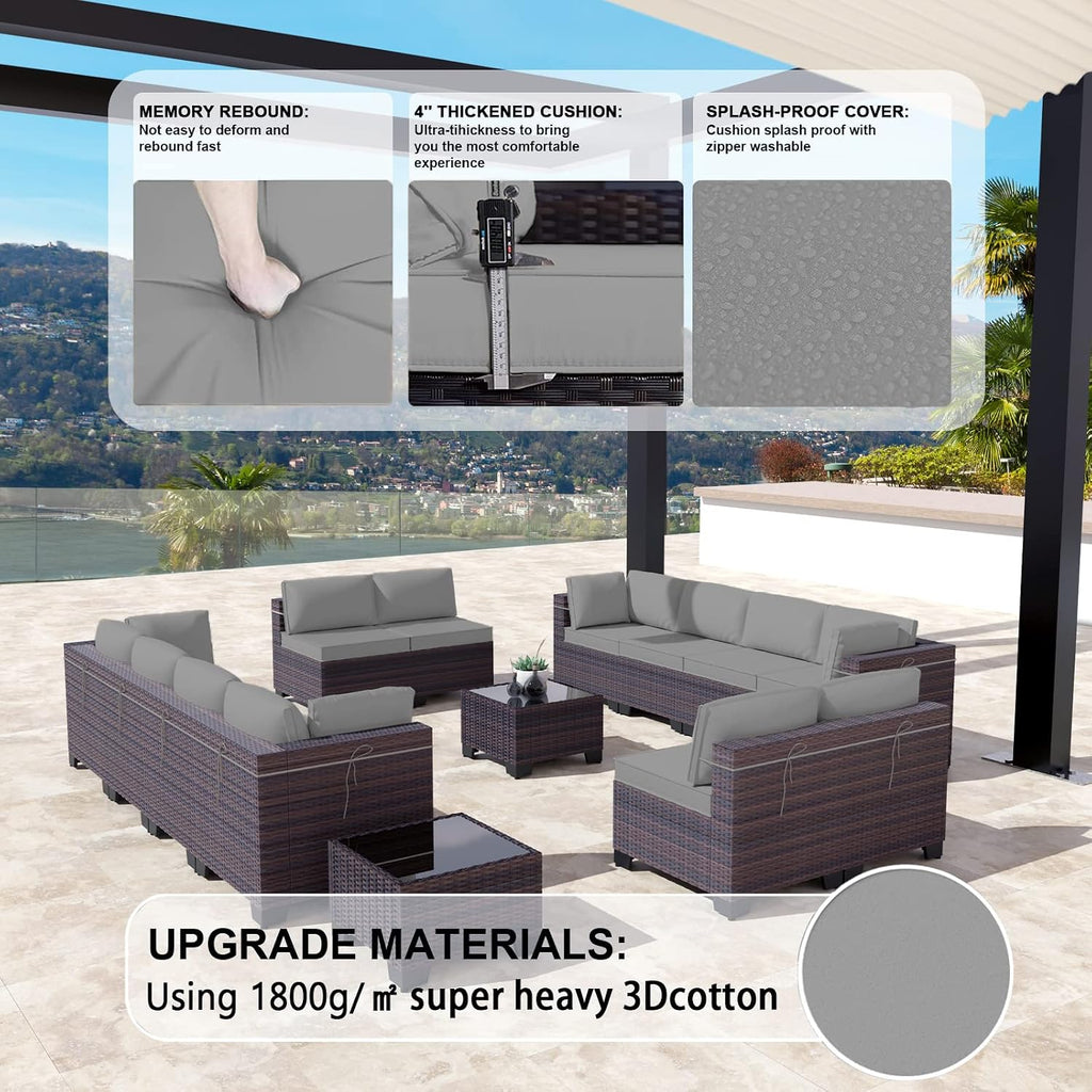 Kullavik 14 Pieces Outdoor Patio Furniture Set,Sectional Rattan Sofa Set Brown PE Rattan Wicker Patio Conversation Set with Tempered Glass Coffee Tables and Washable Cushions Covers,Grey
