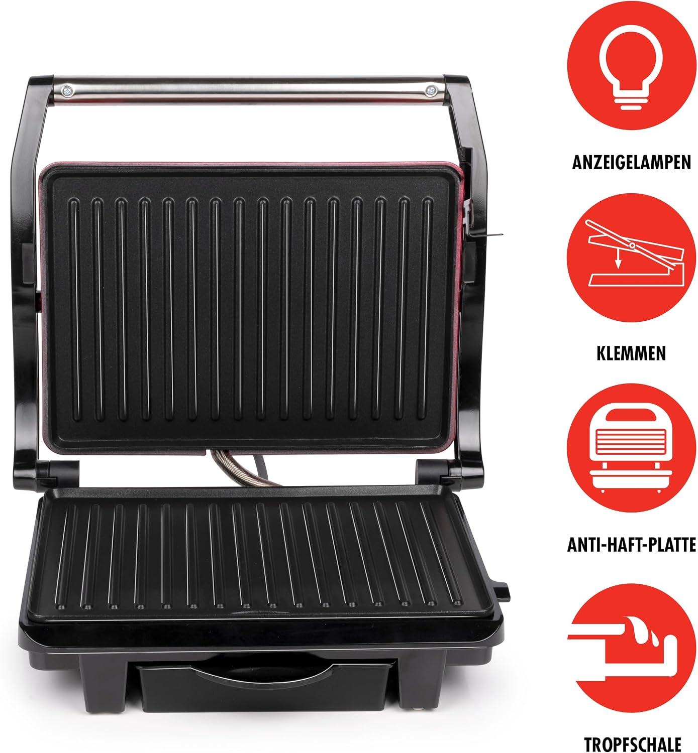 ALPINA 8711252252773 Contact Grill - 230V/1000W - Sandwich maker - Panini Grill - Vegetable, Bread and Meat - Non-stick - Drip tray - Black/Red