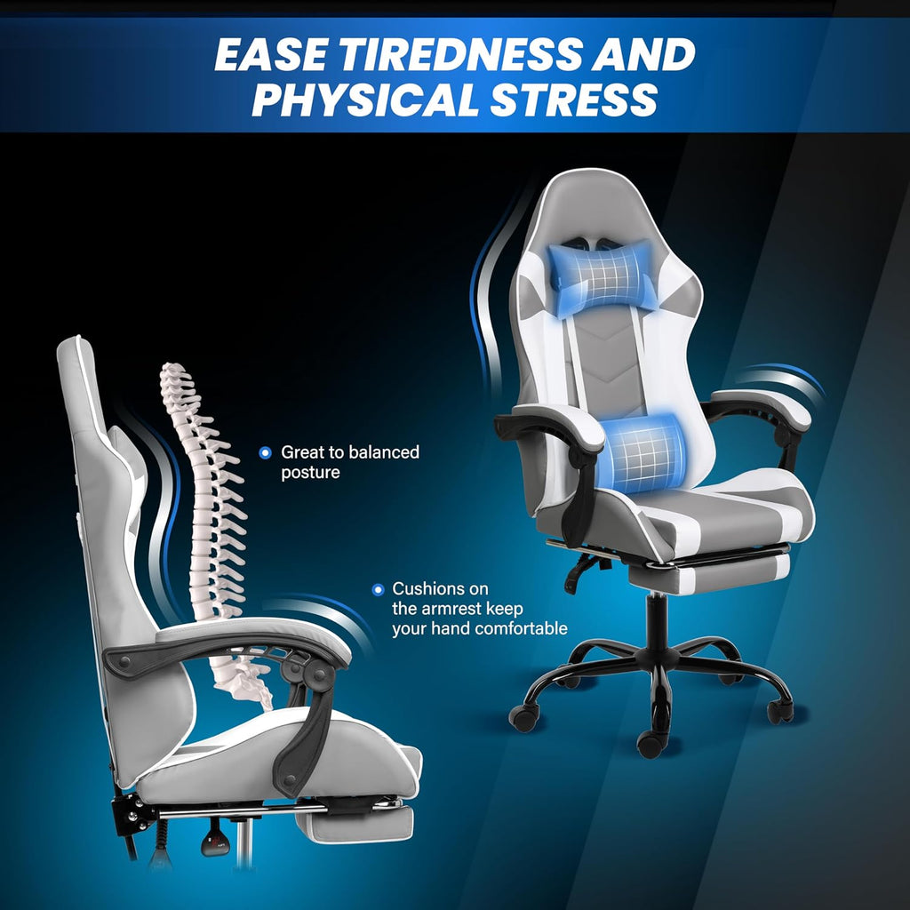 YSSOA Gaming Chair, Computer Chair with Footrest, Height Adjustable & 90°-135° Tilt Function, Swivel Recliner Ergonomic Racing Style Video Game Chair with Lumbar Support (Grey/White)