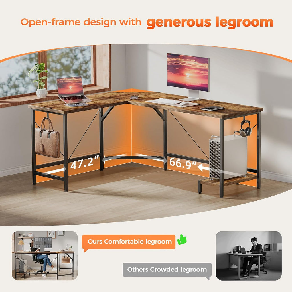 Mericonia 66 inch Large L Shaped Desk, Simple Corner Gaming Desk with CPU Stand & Hooks, Computer Desk for Home, Bedroom & Office Workspace, Dark Brown