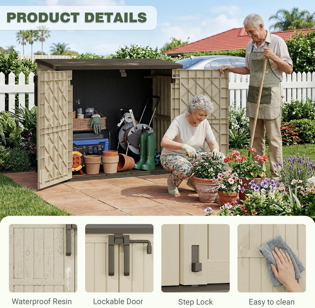LHBcraft Waterproof Outdoor Storage Shed 36 Cu Ft with Lockable Doors, Portable Horizontal Resin Storage Cabinet, Outdoor Storage Box for Backyards, Brown-Beige