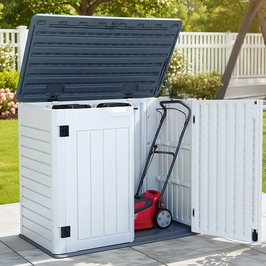 YITAHOME 35 Cu Ft Horizontal Weatherproof Storage Shed Without Shelves, Outdoor Lockable Resin Unit for Tools and Gear, Simple Assembly (Light Gray)