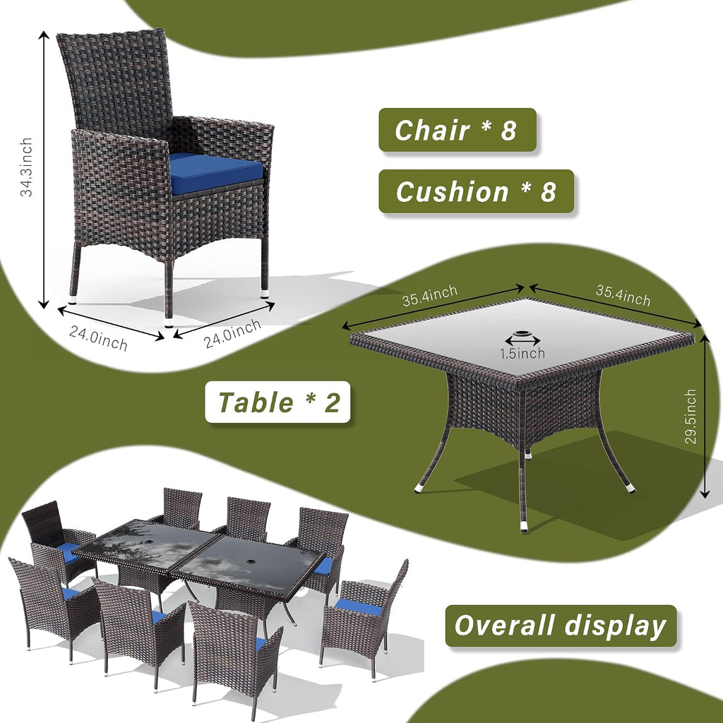 10 Pieces Outdoor Patio Dining Set,Patio Table and Chairs Rattan Outdoor Patio Furniture Set with Umbrella Hole,Dining Table Set for 8 with Chairs for Backyard,Garden and Kitchen,Navy Blue