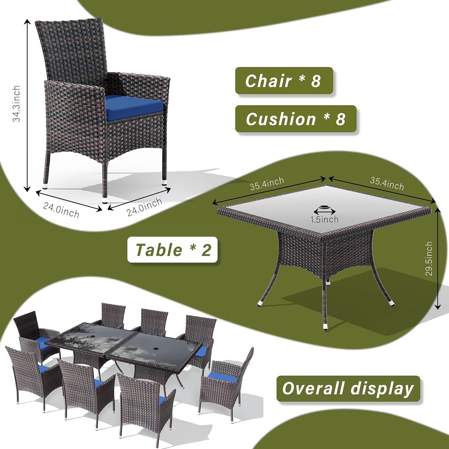 10 Pieces Outdoor Patio Dining Set,Patio Table and Chairs Rattan Outdoor Patio Furniture Set with Umbrella Hole,Dining Table Set for 8 with Chairs for Backyard,Garden and Kitchen,Navy Blue