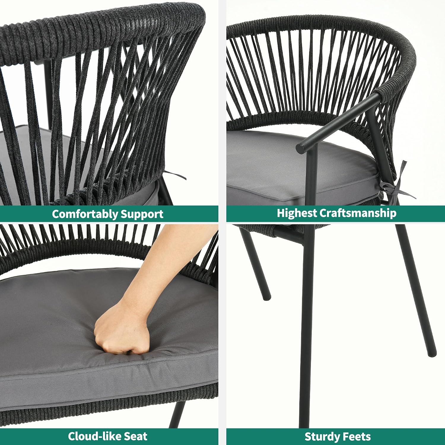 YITAHOME Outdoor Dining Chair Set of 6, Rope Woven Design Stackable Chairs, Indoor-Outdoor Armchair Seating for Patio, Backyard, Poolside, Balcony - Grey