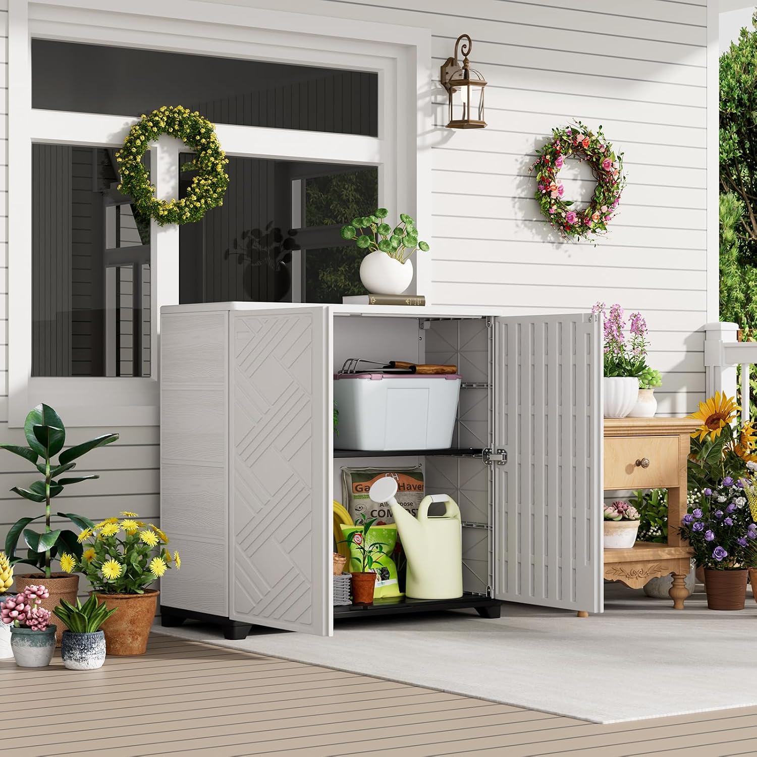 HOMSPARK Indoor/Outdoor Storage Cabinet with Doors and 1 Shelf, 34'x15'x34' HDPE Plastic Storage Box for Patio, Garden, Enterway, Balcony, Multi-Purpose for Daily Tools, White