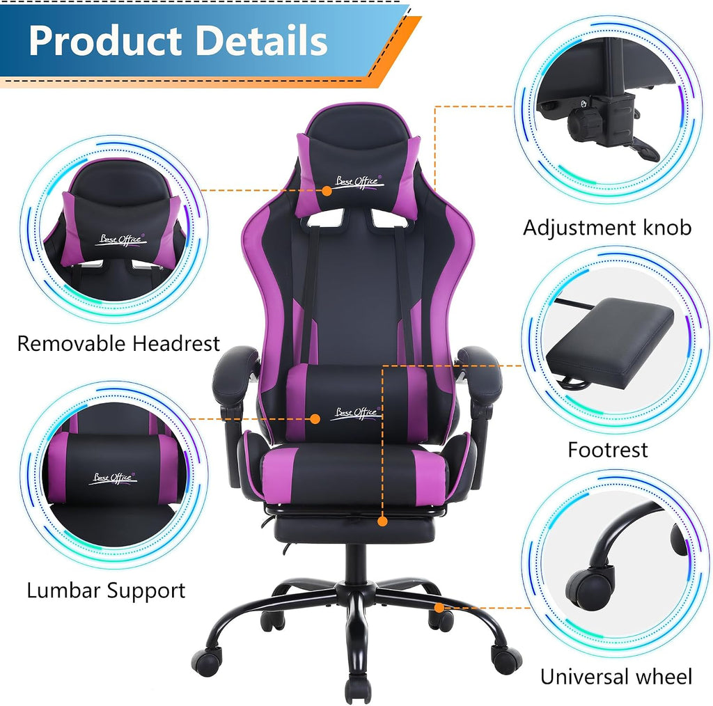 PayLessHere Ergonomic Racing Desk Chair Computer Chair Gaming Chair with Footrest Lumbar Support Headrest Armrest Task Rolling Swivel Ergonomic E-Sports Adjustable PC Gamer Chair (Purple)
