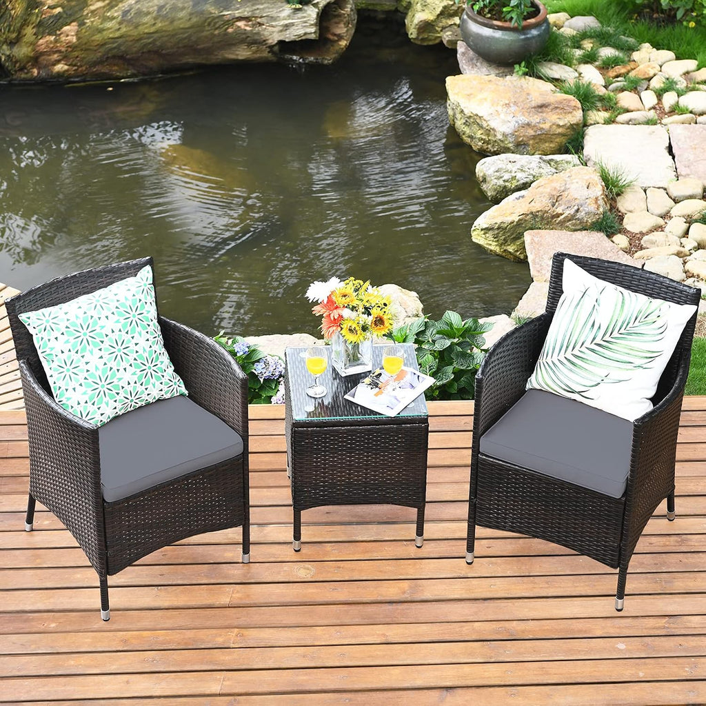 COSTWAY 3 PCS Patio Furniture Set, Outdoor Wicker Conversation Set with Tempered Glass Coffee Table, Seat Cushions, Rattan Wicker Chairs for Poolside Balcony Porch Backyard, Gray