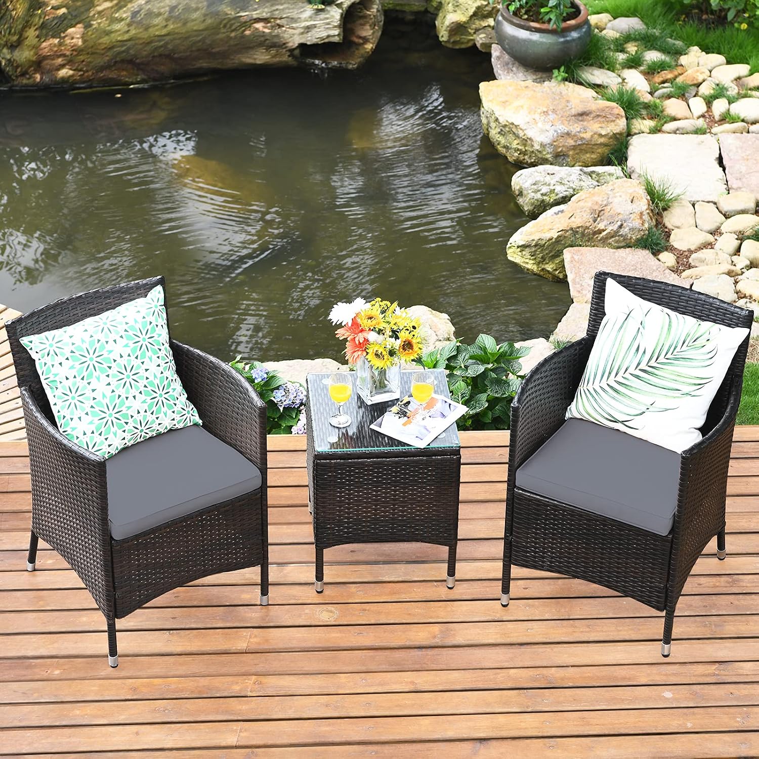 COSTWAY 3 PCS Patio Furniture Set, Outdoor Wicker Conversation Set with Tempered Glass Coffee Table, Seat Cushions, Rattan Wicker Chairs for Poolside Balcony Porch Backyard, Gray