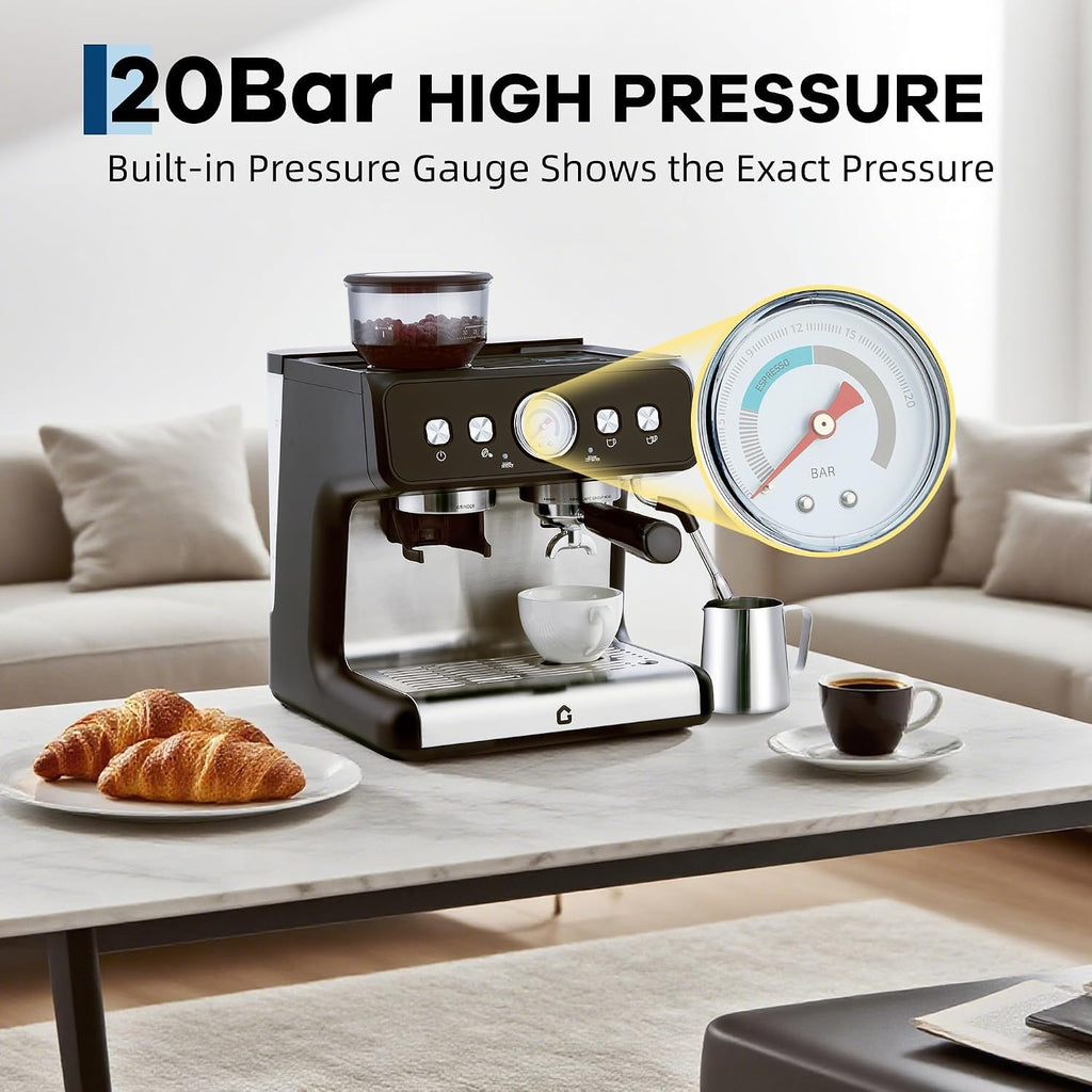 20-Bar Espresso Coffee Machine with Built-In Grinder, 2.8L Removable Tank, Adjustable Shot Volume & Steam Wand, Stainless Steel Coffee Maker for Home or Office