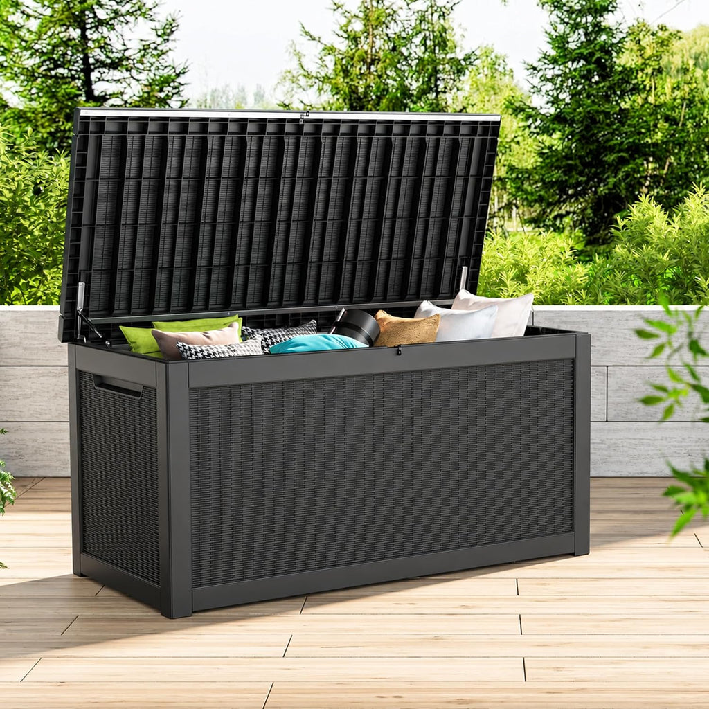 KAMABOKO 280 Gallon Outdoor Storage Box, Resin Deck Boxes Indoor and outdoor, Waterproof Storage Box Lockable Lid for Garden Tools, Package Delivery, Patio Cushions, Black