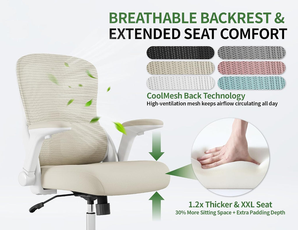 Ergonomic Office Chair - Home Office Desk Chairs Comfy, Computer Chair Ergonomic, Office Chairs with Lumbar Support, Executive Task Chair for Adults, Comfortable for Long Hours (White Beige)